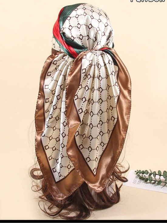 Accessories - Silky Like Geometric Pattern Headscarf in Khaki and Brown nwt